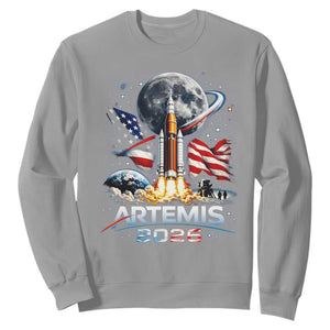 Patriotic 2026 Lunar Orbit Mission Rocket Launch Sweatshirt American Flag n Moon Patriotic Space Astronomy Enthusiasts TS02 Sport Gray Print Your Wear