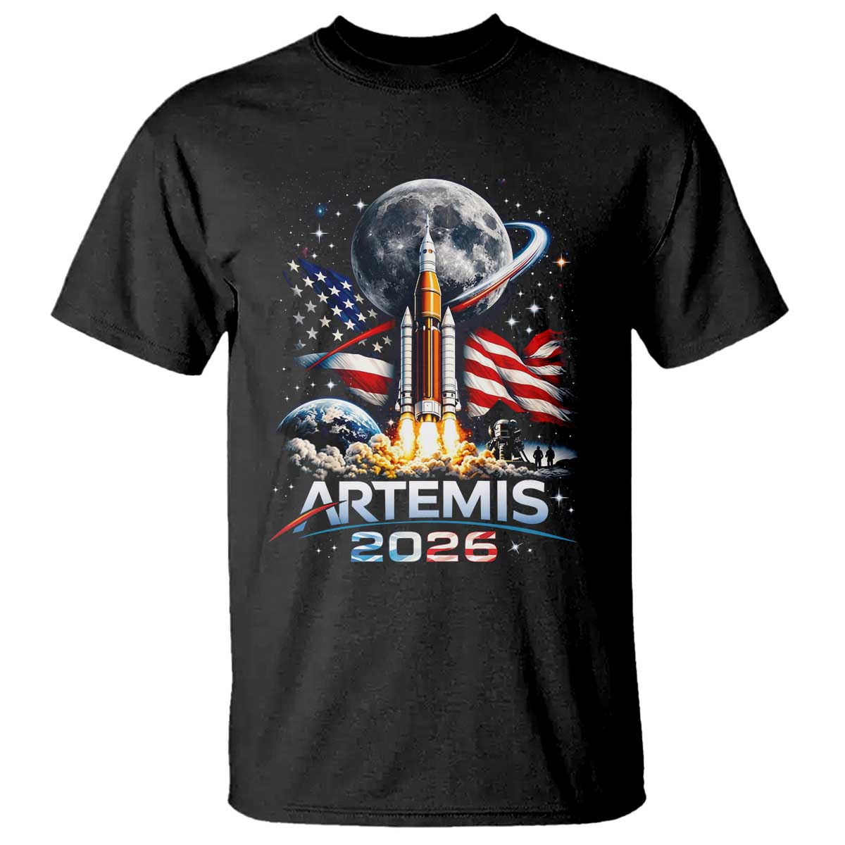 Patriotic 2026 Lunar Orbit Mission Rocket Launch T Shirt American Flag n Moon Patriotic Space Astronomy Enthusiasts TS02 Black Print Your Wear