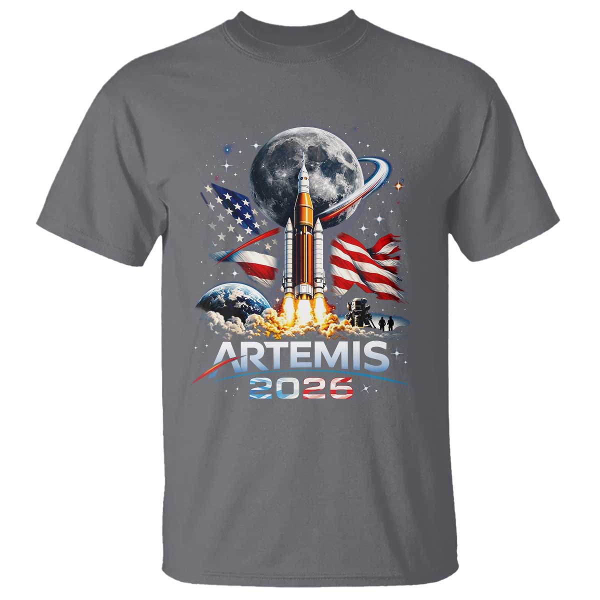 Patriotic 2026 Lunar Orbit Mission Rocket Launch T Shirt American Flag n Moon Patriotic Space Astronomy Enthusiasts TS02 Charcoal Print Your Wear
