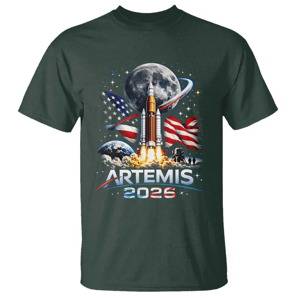 Patriotic 2026 Lunar Orbit Mission Rocket Launch T Shirt American Flag n Moon Patriotic Space Astronomy Enthusiasts TS02 Dark Forest Green Print Your Wear