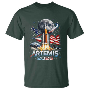 Patriotic 2026 Lunar Orbit Mission Rocket Launch T Shirt American Flag n Moon Patriotic Space Astronomy Enthusiasts TS02 Dark Forest Green Print Your Wear