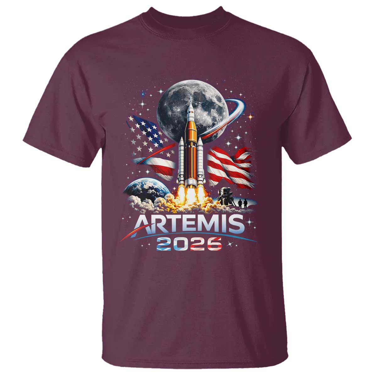 Patriotic 2026 Lunar Orbit Mission Rocket Launch T Shirt American Flag n Moon Patriotic Space Astronomy Enthusiasts TS02 Maroon Print Your Wear