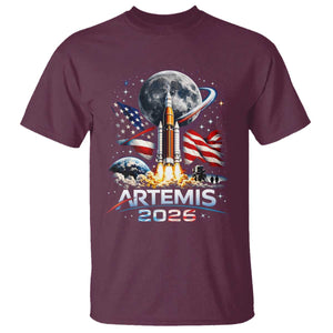 Patriotic 2026 Lunar Orbit Mission Rocket Launch T Shirt American Flag n Moon Patriotic Space Astronomy Enthusiasts TS02 Maroon Print Your Wear