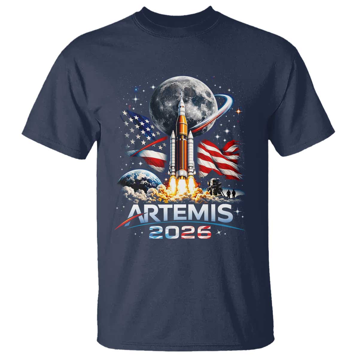 Patriotic 2026 Lunar Orbit Mission Rocket Launch T Shirt American Flag n Moon Patriotic Space Astronomy Enthusiasts TS02 Navy Print Your Wear