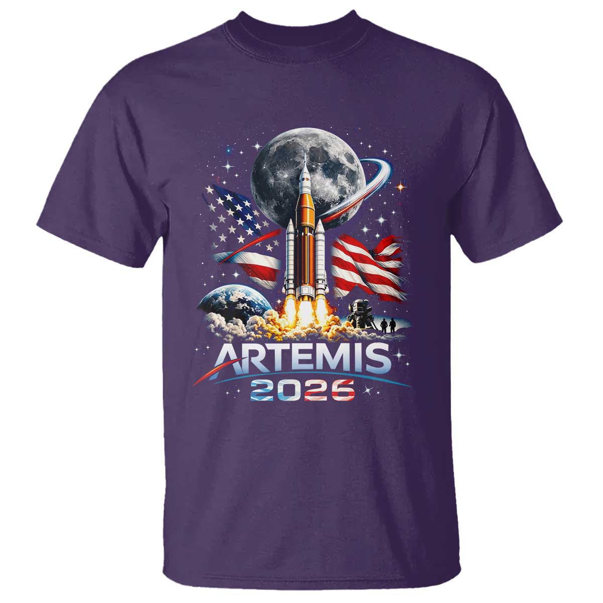 Patriotic 2026 Lunar Orbit Mission Rocket Launch T Shirt American Flag n Moon Patriotic Space Astronomy Enthusiasts TS02 Purple Print Your Wear