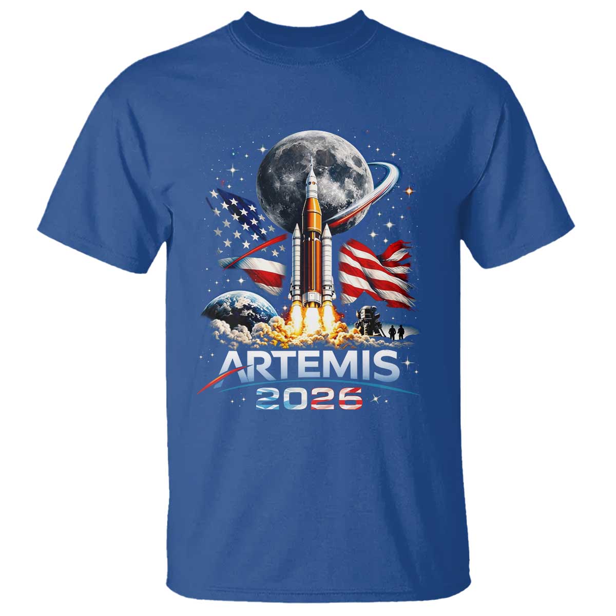 Patriotic 2026 Lunar Orbit Mission Rocket Launch T Shirt American Flag n Moon Patriotic Space Astronomy Enthusiasts TS02 Royal Blue Print Your Wear