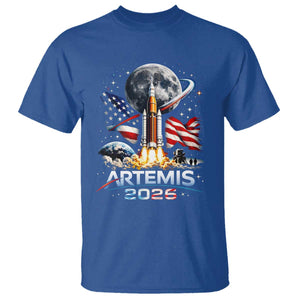 Patriotic 2026 Lunar Orbit Mission Rocket Launch T Shirt American Flag n Moon Patriotic Space Astronomy Enthusiasts TS02 Royal Blue Print Your Wear