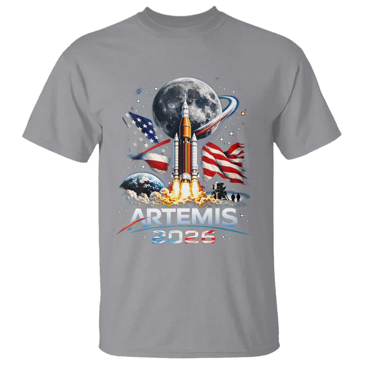 Patriotic 2026 Lunar Orbit Mission Rocket Launch T Shirt American Flag n Moon Patriotic Space Astronomy Enthusiasts TS02 Sport Gray Print Your Wear