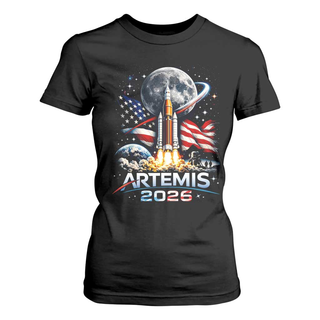 Patriotic 2026 Lunar Orbit Mission Rocket Launch T Shirt For Women American Flag n Moon Patriotic Space Astronomy Enthusiasts TS02 Black Print Your Wear