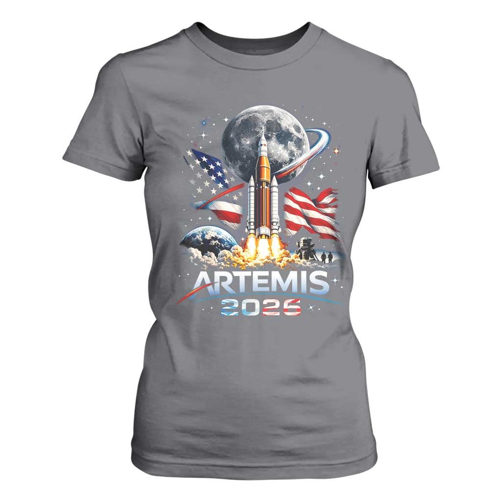 Patriotic 2026 Lunar Orbit Mission Rocket Launch T Shirt For Women American Flag n Moon Patriotic Space Astronomy Enthusiasts TS02 Charcoal Print Your Wear