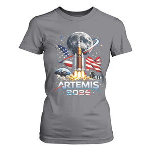 Patriotic 2026 Lunar Orbit Mission Rocket Launch T Shirt For Women American Flag n Moon Patriotic Space Astronomy Enthusiasts TS02 Charcoal Print Your Wear