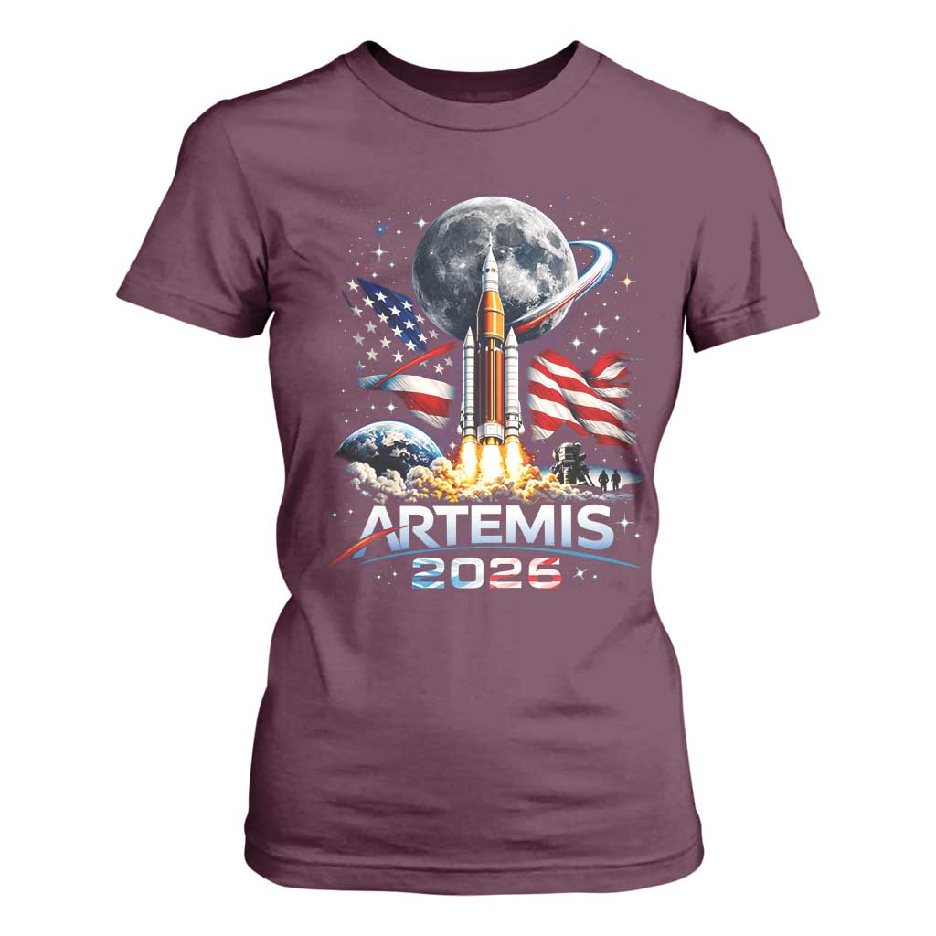 Patriotic 2026 Lunar Orbit Mission Rocket Launch T Shirt For Women American Flag n Moon Patriotic Space Astronomy Enthusiasts TS02 Maroon Print Your Wear