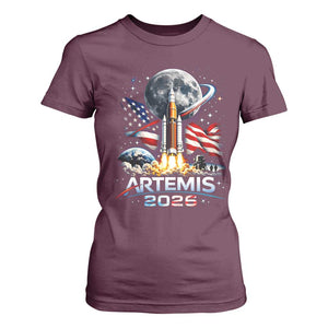 Patriotic 2026 Lunar Orbit Mission Rocket Launch T Shirt For Women American Flag n Moon Patriotic Space Astronomy Enthusiasts TS02 Maroon Print Your Wear