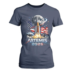 Patriotic 2026 Lunar Orbit Mission Rocket Launch T Shirt For Women American Flag n Moon Patriotic Space Astronomy Enthusiasts TS02 Navy Print Your Wear