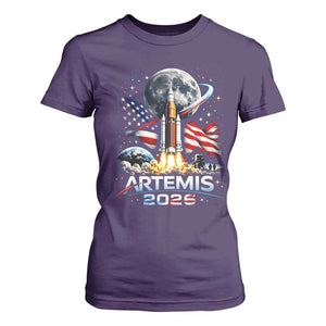Patriotic 2026 Lunar Orbit Mission Rocket Launch T Shirt For Women American Flag n Moon Patriotic Space Astronomy Enthusiasts TS02 Purple Print Your Wear