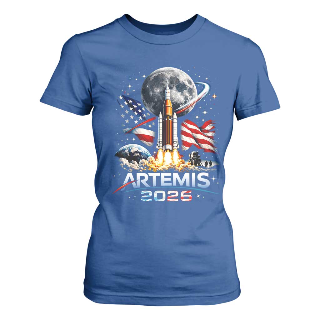 Patriotic 2026 Lunar Orbit Mission Rocket Launch T Shirt For Women American Flag n Moon Patriotic Space Astronomy Enthusiasts TS02 Royal Blue Print Your Wear