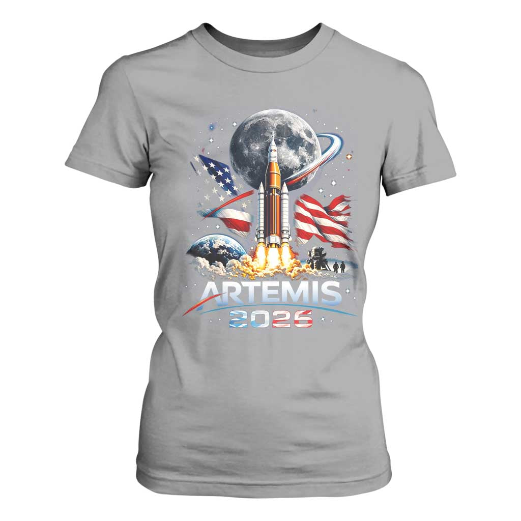 Patriotic 2026 Lunar Orbit Mission Rocket Launch T Shirt For Women American Flag n Moon Patriotic Space Astronomy Enthusiasts TS02 Sport Gray Print Your Wear