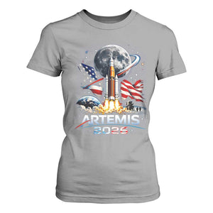 Patriotic 2026 Lunar Orbit Mission Rocket Launch T Shirt For Women American Flag n Moon Patriotic Space Astronomy Enthusiasts TS02 Sport Gray Print Your Wear