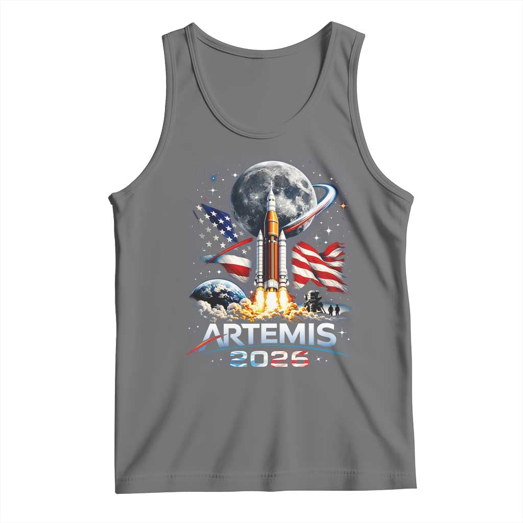 Patriotic 2026 Lunar Orbit Mission Rocket Launch Tank Top American Flag n Moon Patriotic Space Astronomy Enthusiasts TS02 Black Heather Print Your Wear