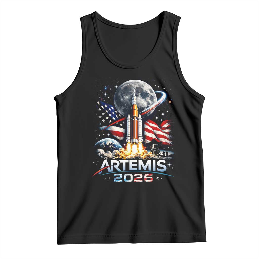 Patriotic 2026 Lunar Orbit Mission Rocket Launch Tank Top American Flag n Moon Patriotic Space Astronomy Enthusiasts TS02 Black Print Your Wear
