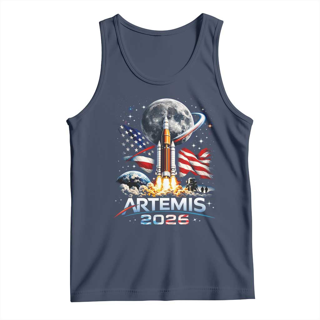 Patriotic 2026 Lunar Orbit Mission Rocket Launch Tank Top American Flag n Moon Patriotic Space Astronomy Enthusiasts TS02 Navy Print Your Wear