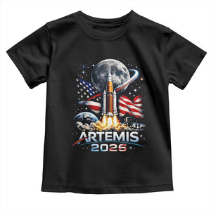 Patriotic 2026 Lunar Orbit Mission Rocket Launch Toddler T Shirt American Flag n Moon Patriotic Space Astronomy Enthusiasts TS02 Black Print Your Wear