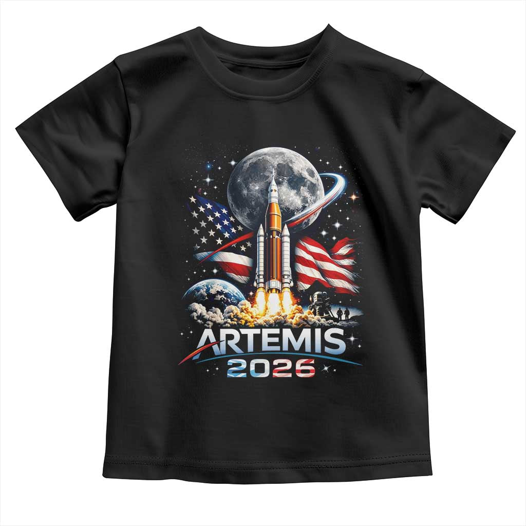 Patriotic 2026 Lunar Orbit Mission Rocket Launch Toddler T Shirt American Flag n Moon Patriotic Space Astronomy Enthusiasts TS02 Black Print Your Wear
