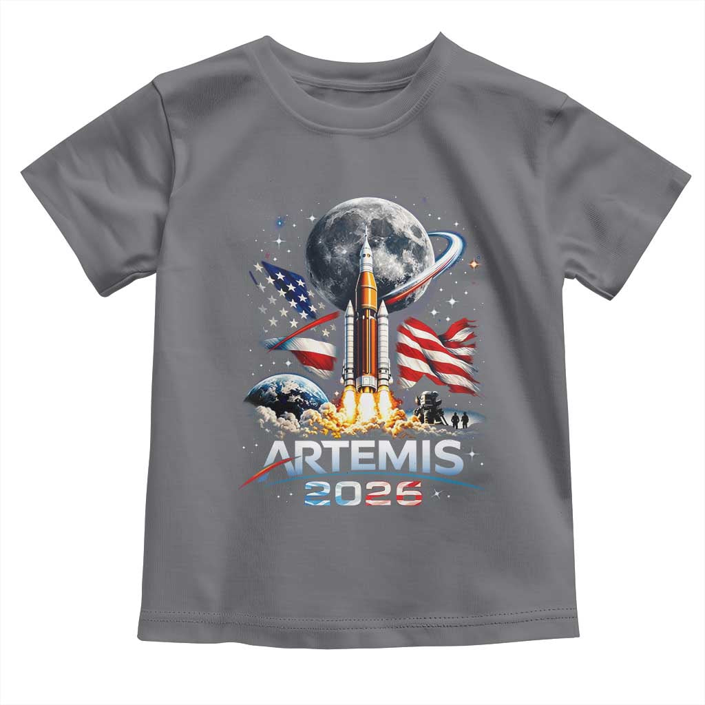 Patriotic 2026 Lunar Orbit Mission Rocket Launch Toddler T Shirt American Flag n Moon Patriotic Space Astronomy Enthusiasts TS02 Charcoal Print Your Wear