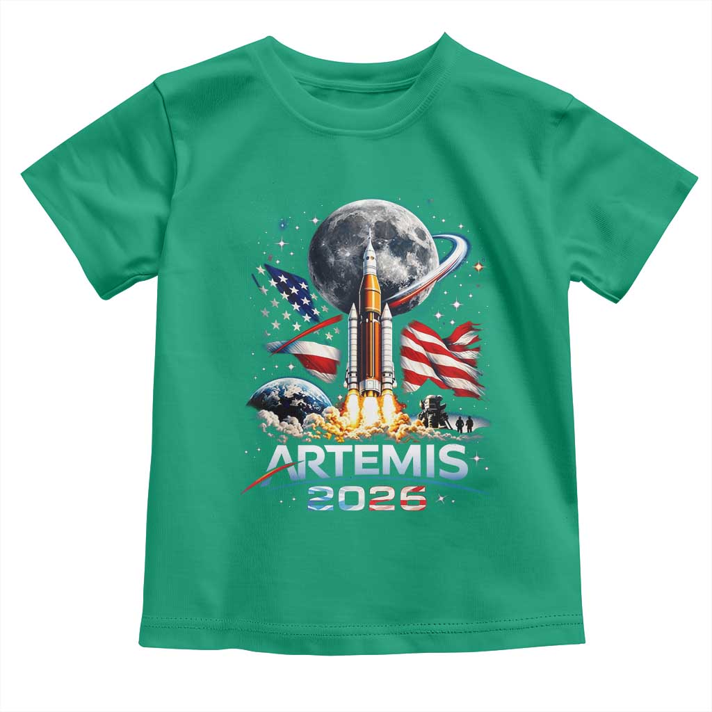 Patriotic 2026 Lunar Orbit Mission Rocket Launch Toddler T Shirt American Flag n Moon Patriotic Space Astronomy Enthusiasts TS02 Irish Green Print Your Wear