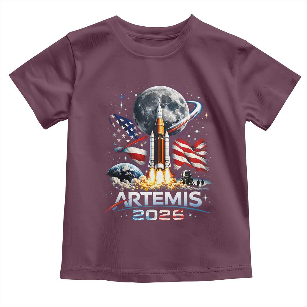 Patriotic 2026 Lunar Orbit Mission Rocket Launch Toddler T Shirt American Flag n Moon Patriotic Space Astronomy Enthusiasts TS02 Maroon Print Your Wear