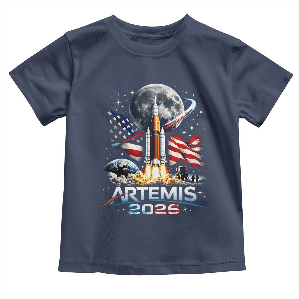 Patriotic 2026 Lunar Orbit Mission Rocket Launch Toddler T Shirt American Flag n Moon Patriotic Space Astronomy Enthusiasts TS02 Navy Print Your Wear