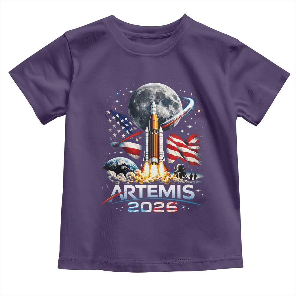Patriotic 2026 Lunar Orbit Mission Rocket Launch Toddler T Shirt American Flag n Moon Patriotic Space Astronomy Enthusiasts TS02 Purple Print Your Wear