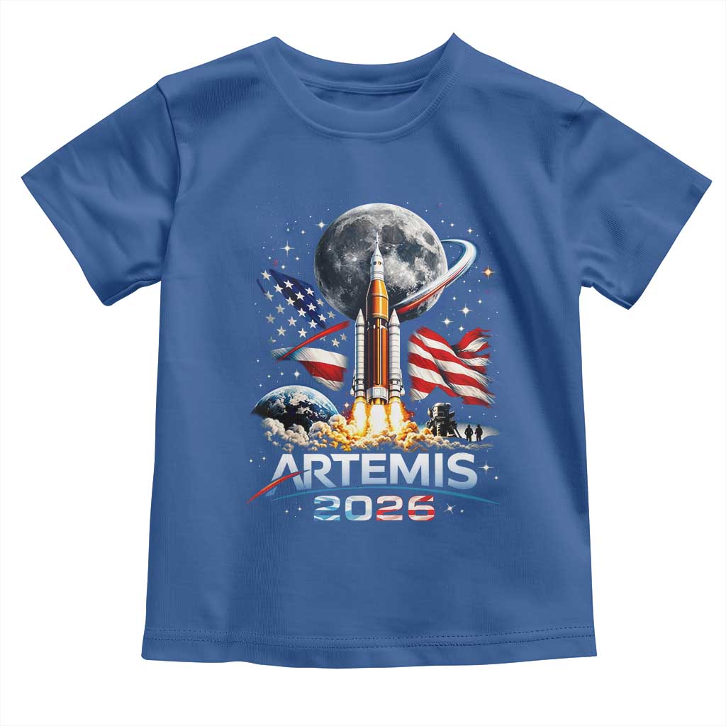 Patriotic 2026 Lunar Orbit Mission Rocket Launch Toddler T Shirt American Flag n Moon Patriotic Space Astronomy Enthusiasts TS02 Royal Blue Print Your Wear