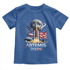 Patriotic 2026 Lunar Orbit Mission Rocket Launch Toddler T Shirt American Flag n Moon Patriotic Space Astronomy Enthusiasts TS02 Royal Blue Print Your Wear