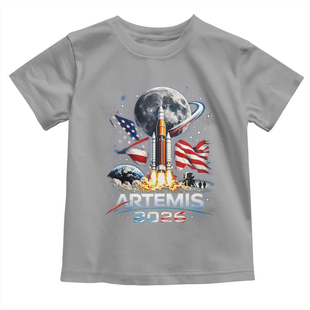Patriotic 2026 Lunar Orbit Mission Rocket Launch Toddler T Shirt American Flag n Moon Patriotic Space Astronomy Enthusiasts TS02 Sport Gray Print Your Wear
