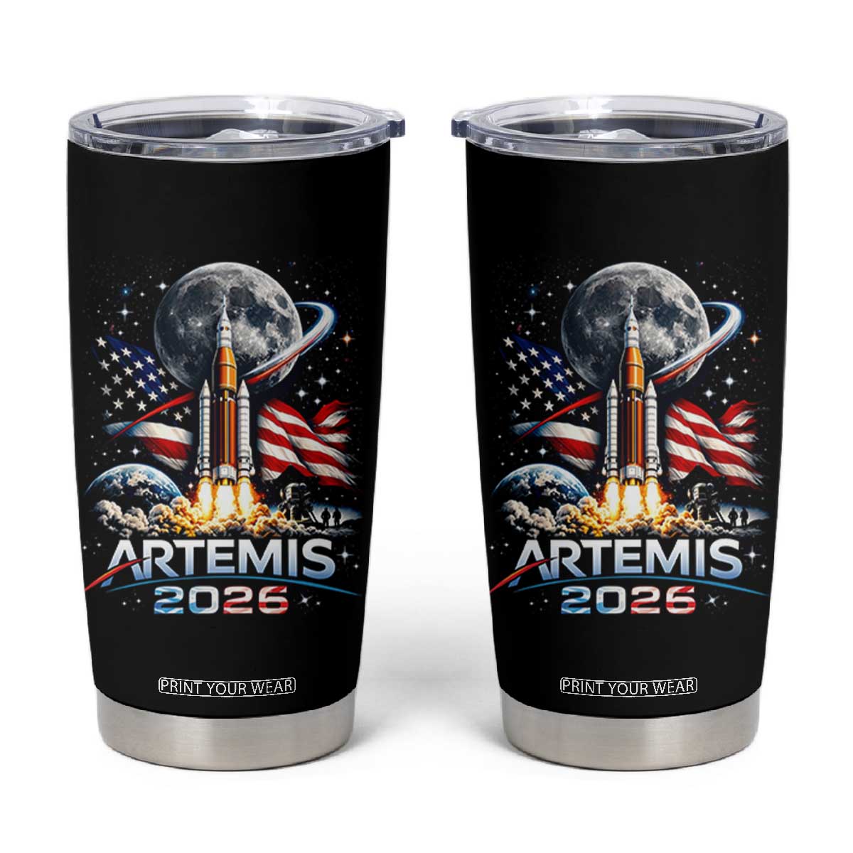 Patriotic 2026 Lunar Orbit Mission Rocket Launch Tumbler Cup American Flag n Moon Patriotic Space Astronomy Enthusiasts TS02 Black Print Your Wear