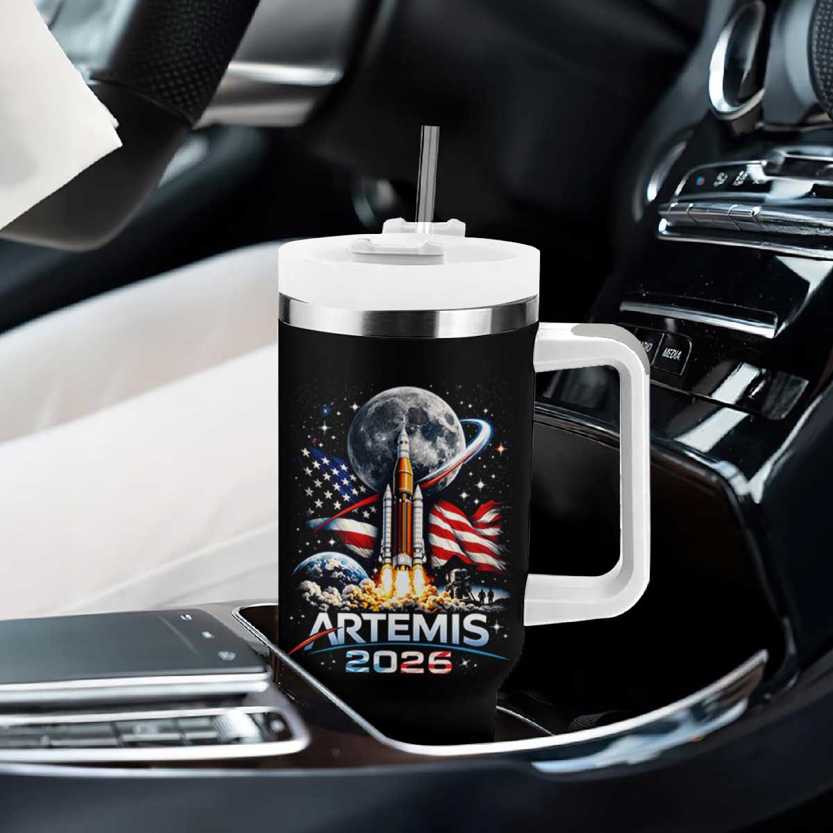 Patriotic 2026 Lunar Orbit Mission Rocket Launch Tumbler With Handle American Flag n Moon Patriotic Space Astronomy Enthusiasts TS02 Print Your Wear
