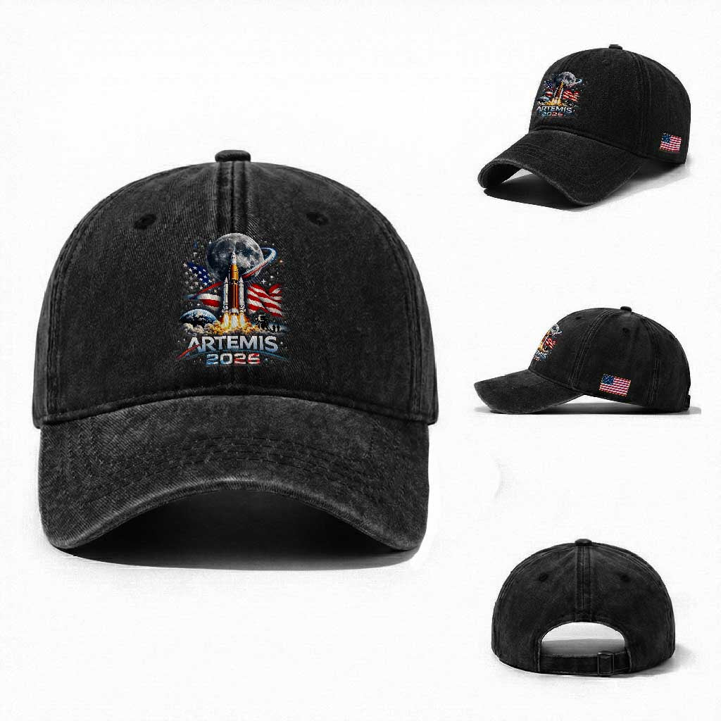 Patriotic 2026 Lunar Orbit Mission Rocket Launch Washed Cotton Baseball Cap American Flag n Moon Patriotic Space Astronomy Enthusiasts TS02 Washed Cap Universal Fit Black Print Your Wear