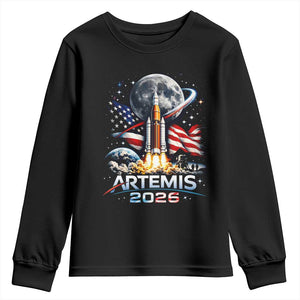 Patriotic 2026 Lunar Orbit Mission Rocket Launch Youth Sweatshirt American Flag n Moon Patriotic Space Astronomy Enthusiasts TS02 Black Print Your Wear