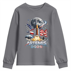 Patriotic 2026 Lunar Orbit Mission Rocket Launch Youth Sweatshirt American Flag n Moon Patriotic Space Astronomy Enthusiasts TS02 Charcoal Print Your Wear