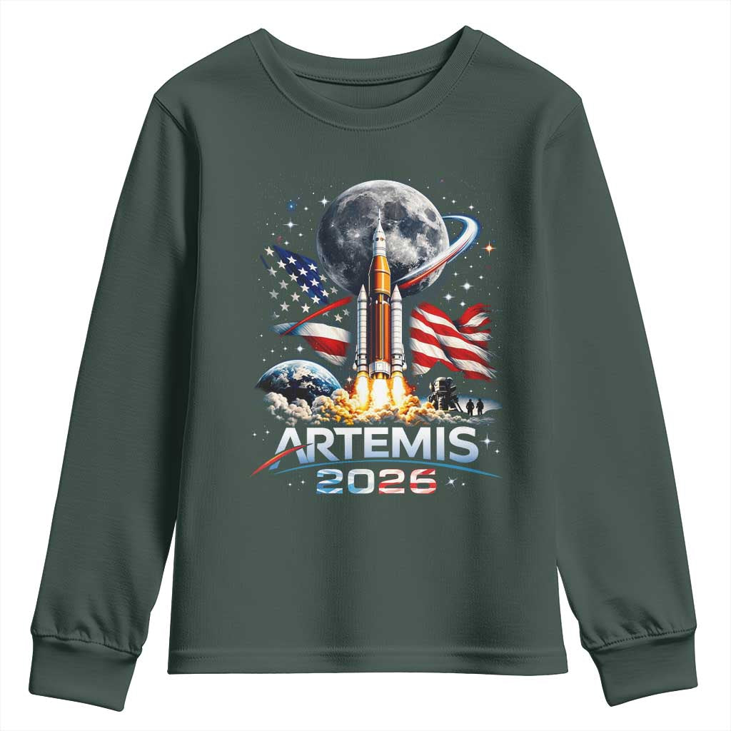 Patriotic 2026 Lunar Orbit Mission Rocket Launch Youth Sweatshirt American Flag n Moon Patriotic Space Astronomy Enthusiasts TS02 Dark Forest Green Print Your Wear