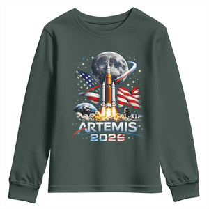 Patriotic 2026 Lunar Orbit Mission Rocket Launch Youth Sweatshirt American Flag n Moon Patriotic Space Astronomy Enthusiasts TS02 Dark Forest Green Print Your Wear