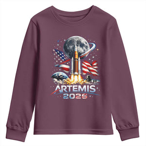 Patriotic 2026 Lunar Orbit Mission Rocket Launch Youth Sweatshirt American Flag n Moon Patriotic Space Astronomy Enthusiasts TS02 Maroon Print Your Wear
