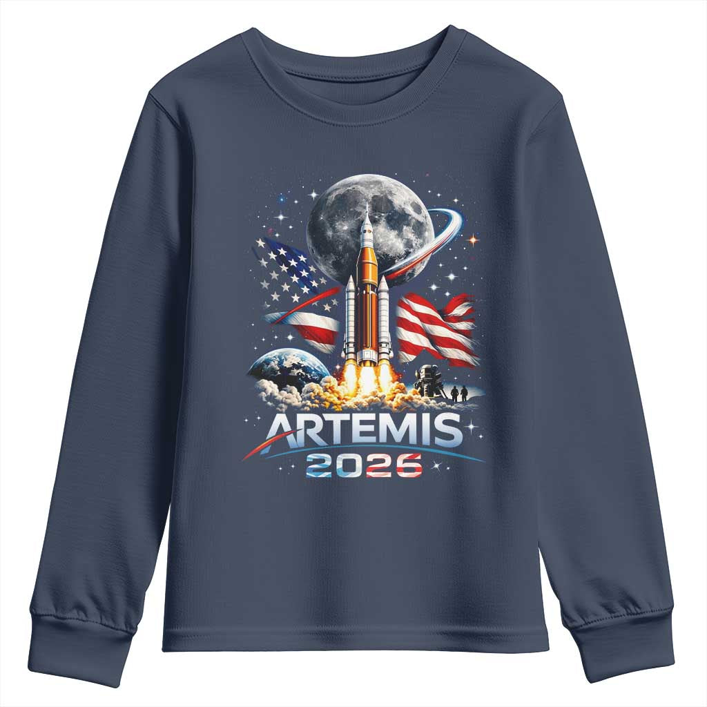 Patriotic 2026 Lunar Orbit Mission Rocket Launch Youth Sweatshirt American Flag n Moon Patriotic Space Astronomy Enthusiasts TS02 Navy Print Your Wear