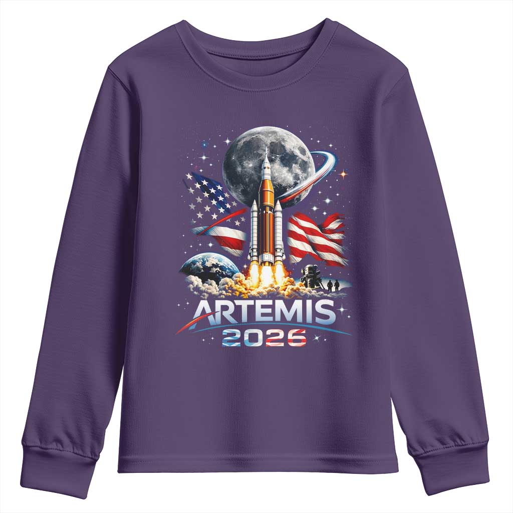 Patriotic 2026 Lunar Orbit Mission Rocket Launch Youth Sweatshirt American Flag n Moon Patriotic Space Astronomy Enthusiasts TS02 Purple Print Your Wear