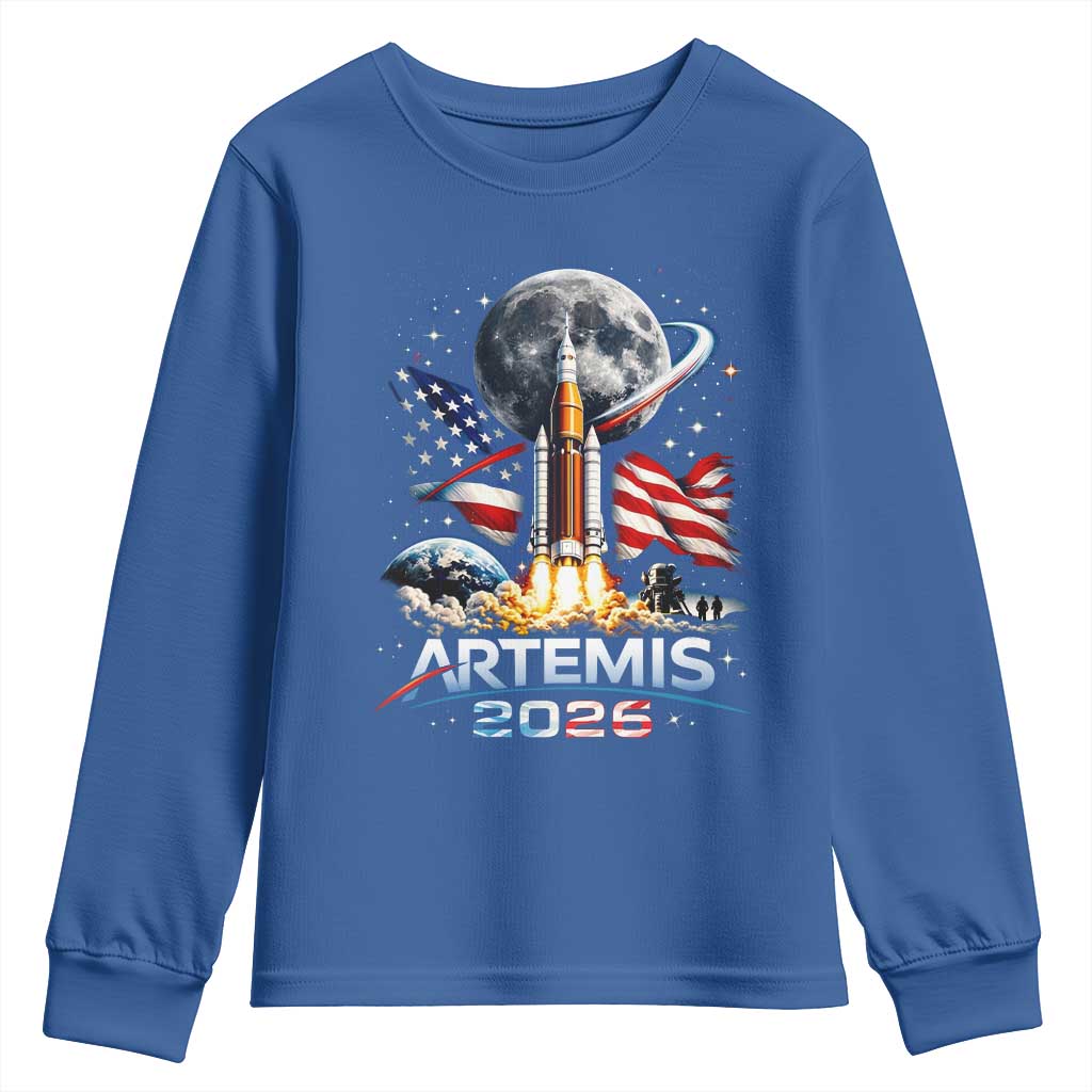 Patriotic 2026 Lunar Orbit Mission Rocket Launch Youth Sweatshirt American Flag n Moon Patriotic Space Astronomy Enthusiasts TS02 Royal Blue Print Your Wear