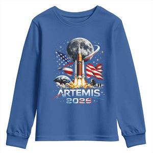Patriotic 2026 Lunar Orbit Mission Rocket Launch Youth Sweatshirt American Flag n Moon Patriotic Space Astronomy Enthusiasts TS02 Royal Blue Print Your Wear