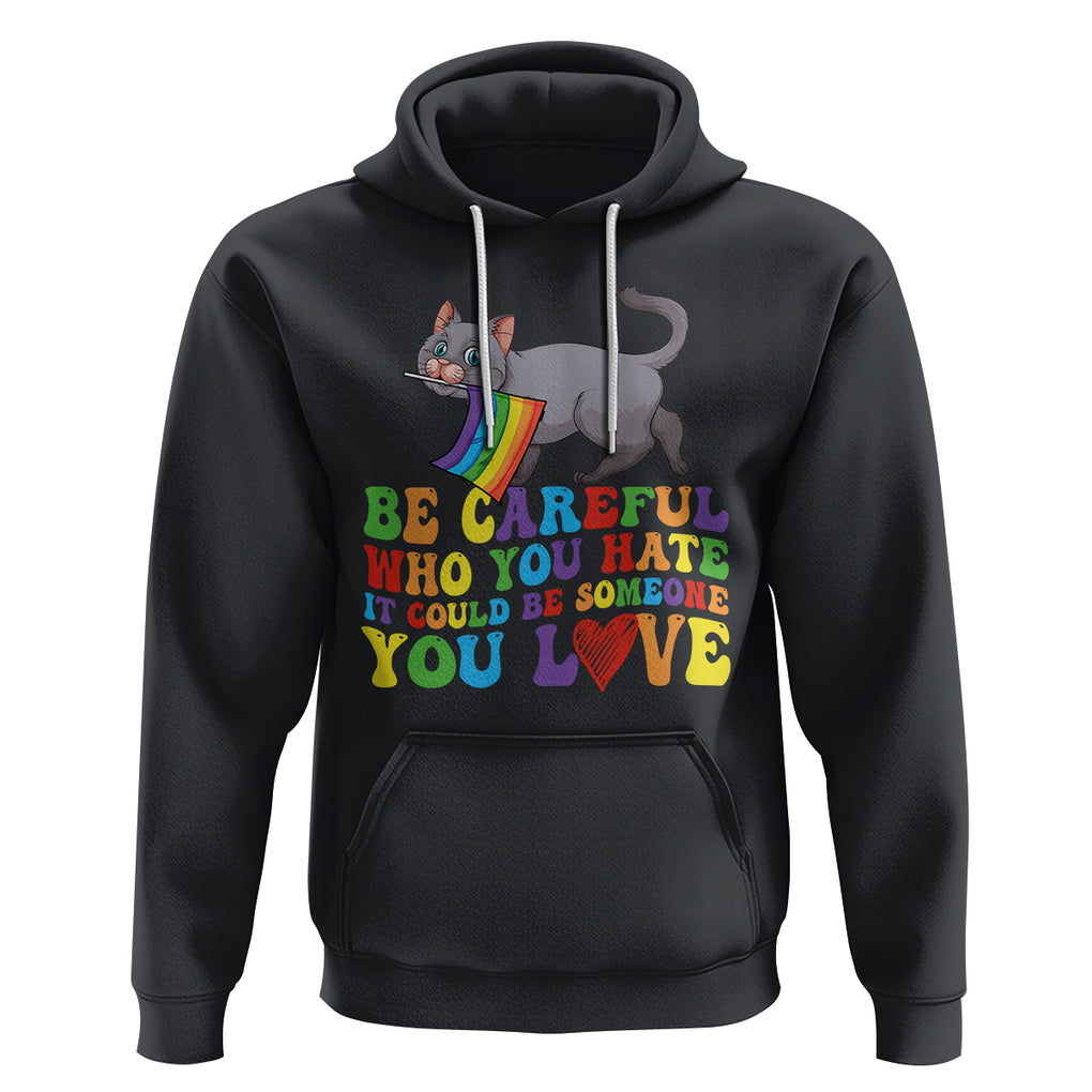 Funny LGBT Cat Hoodie Be Careful Who You Hate Could Be Someone You Love Gay Pride Flag TS02 Black Printyourwear