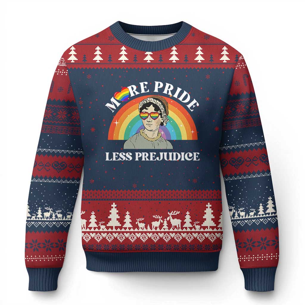 Gay Pride Ugly Christmas Sweater More Pride Less Prejudice LGBT Pride Month TS02 Navy Red Print Your Wear