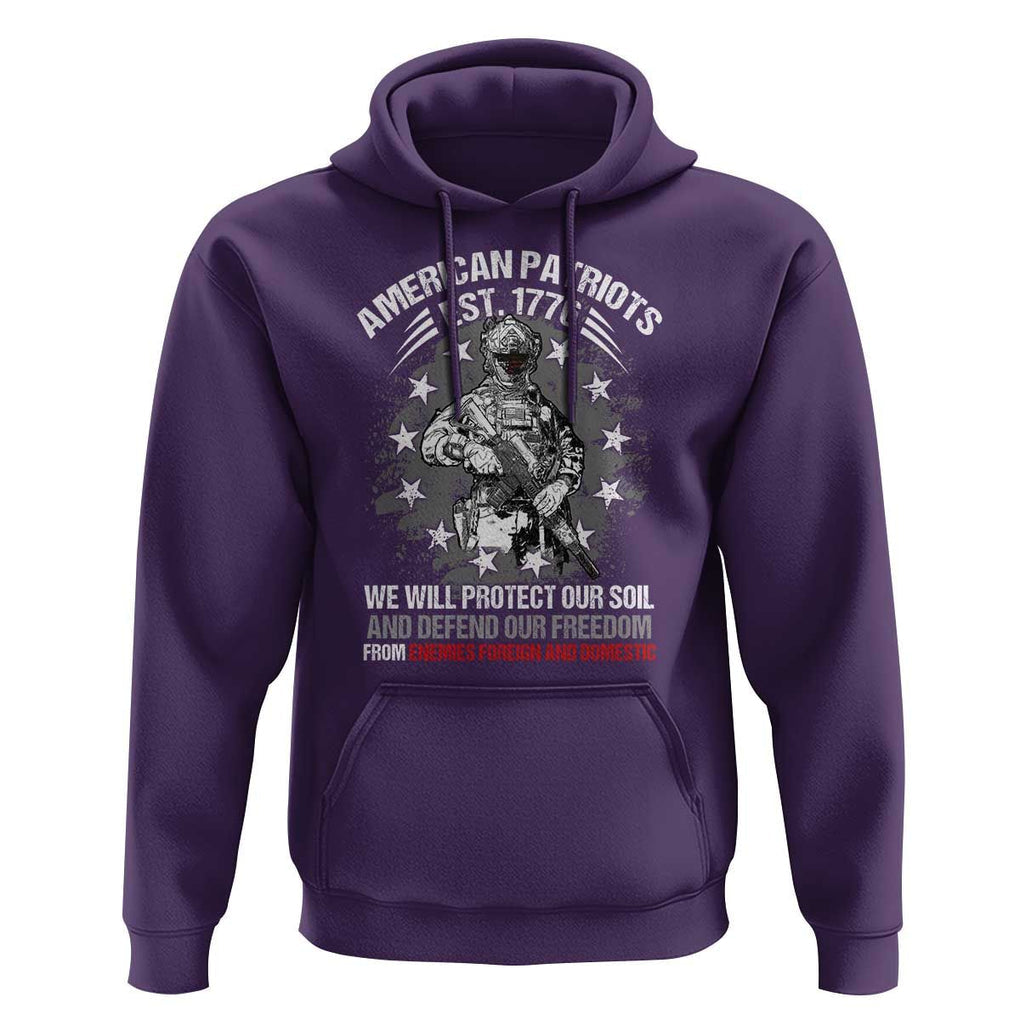 American Patriotic Hoodie We Will Protect Our Soil And Defend Our Freedom Est 1776 US Warriors TS02 Purple Print Your Wear